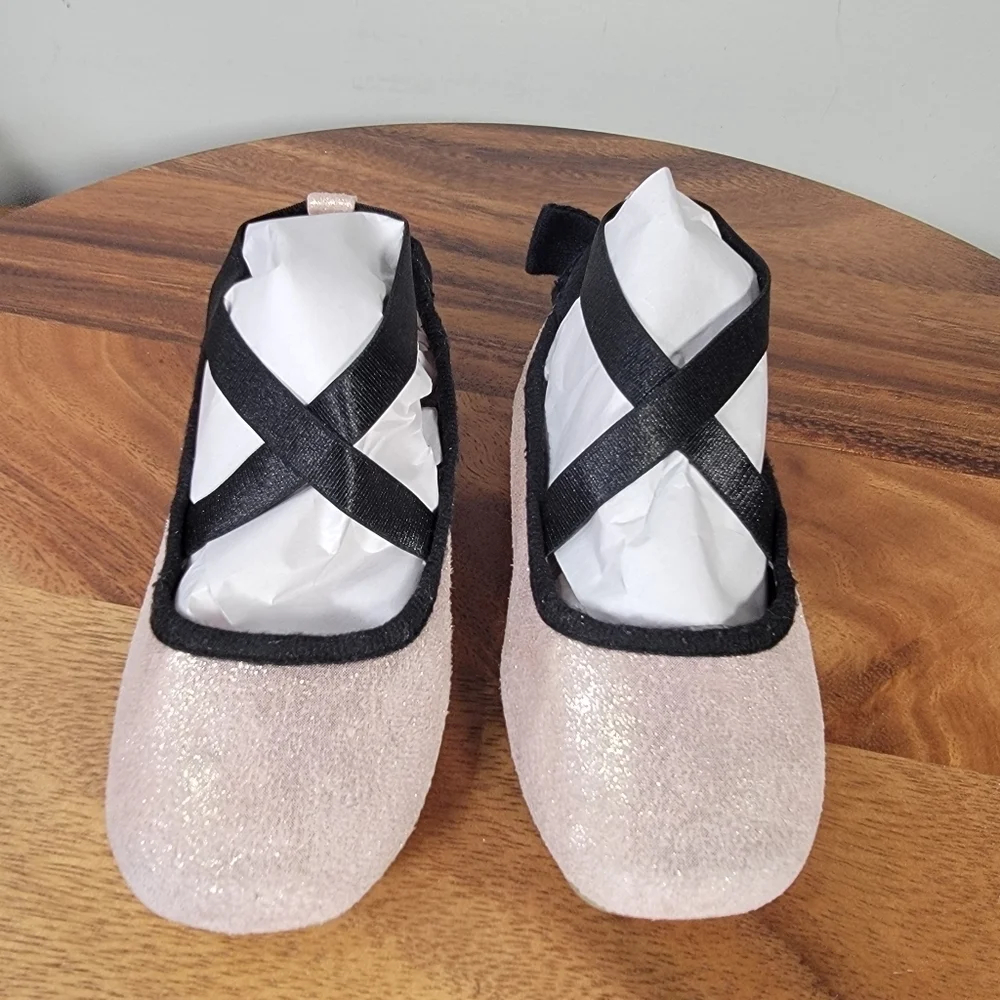 Cat & Jack Pink Shimmer Ballet Flats Girls Size 8 Criss Cross Top Back Bow